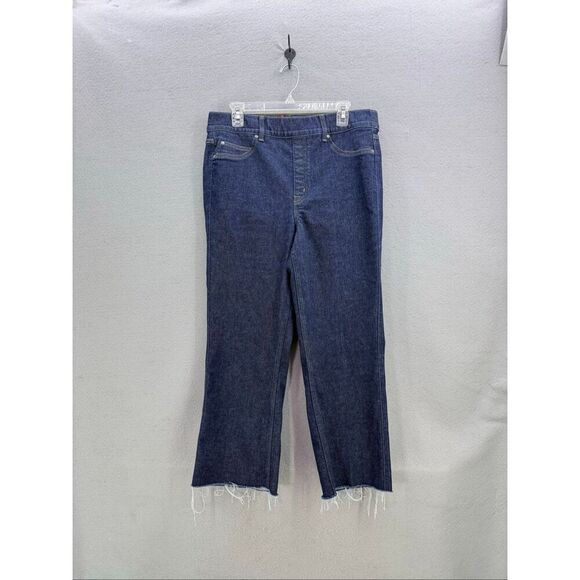 Spanx Womens Blue Pull On High Waisted Frayed Denim Cropped Wide Leg Jeans Size - Picture 10 of 10